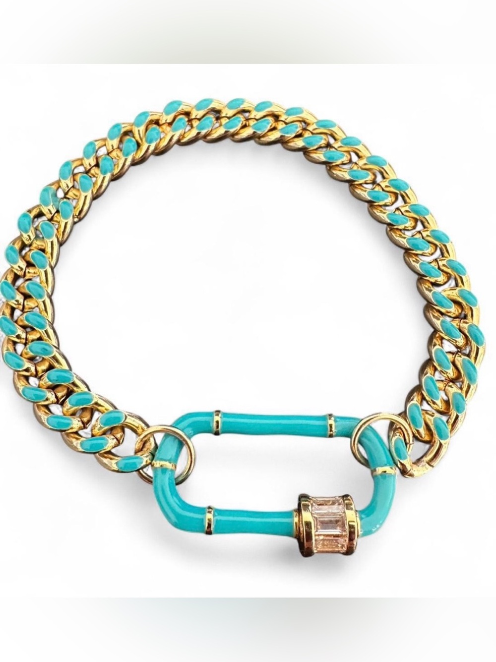Turquoise Enamel Link & Gold Chain Bracelet